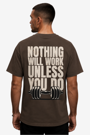Copper men's oversized gym T-shirt with dumbbell art and Nothing Will Work Unless You Do quote