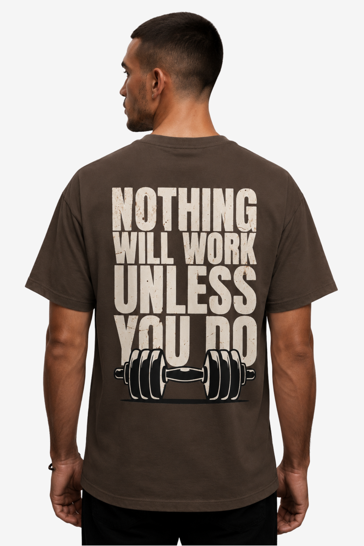 Copper men's oversized gym T-shirt with dumbbell art and Nothing Will Work Unless You Do quote