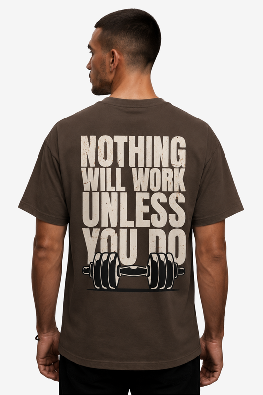 Copper men's oversized gym T-shirt with dumbbell art and Nothing Will Work Unless You Do quote
