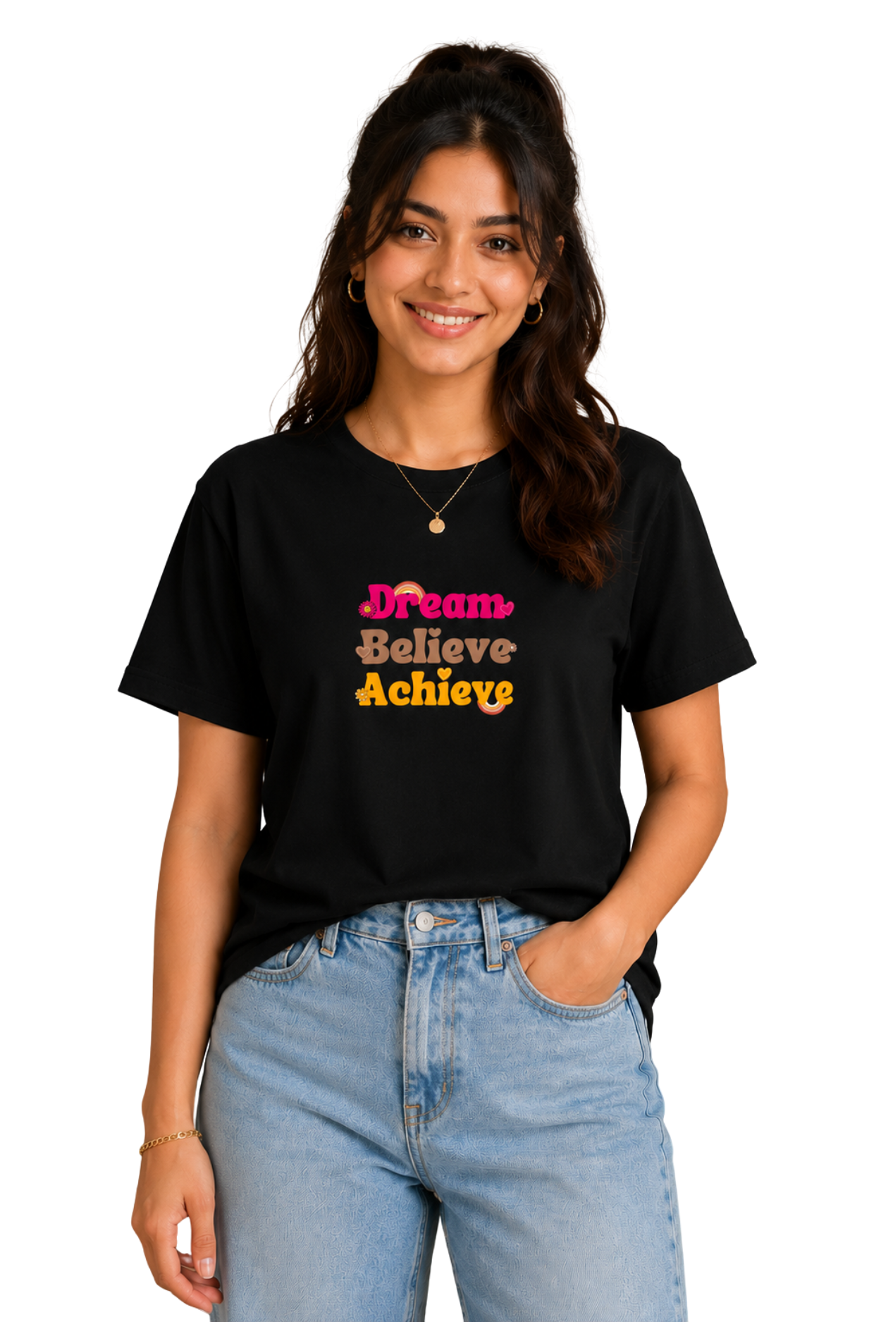 Dream Believe Achieve | Women's Black T-shirt | Motivational