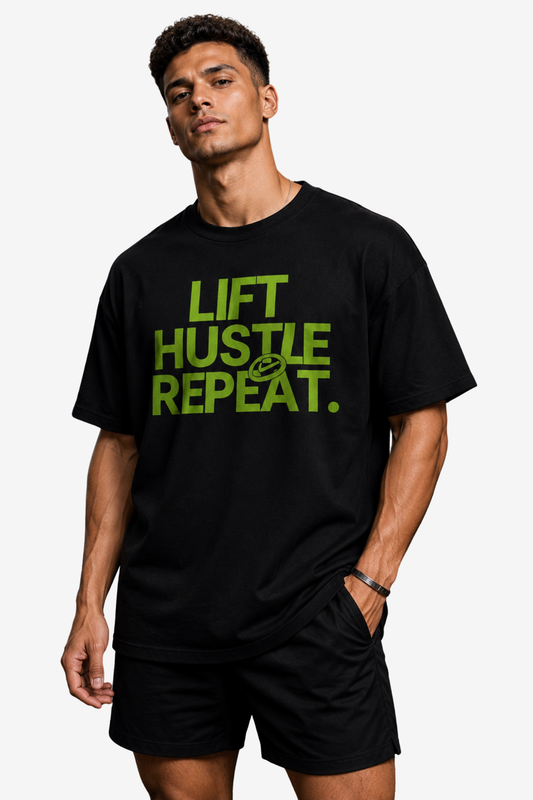 Black men’s T-shirt with green Lift Hustle Repeat gym quote artwork
