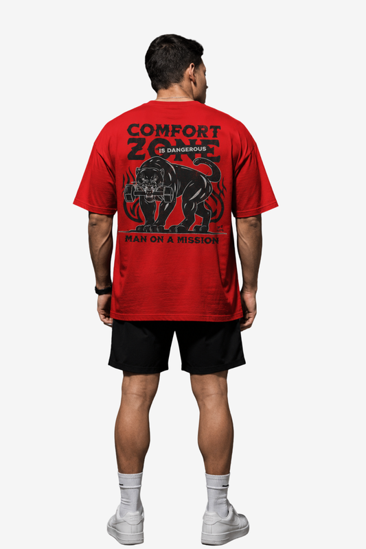 Red T-shirt with black panther dumbbell artwork and Comfort Zone is Dangerous quote