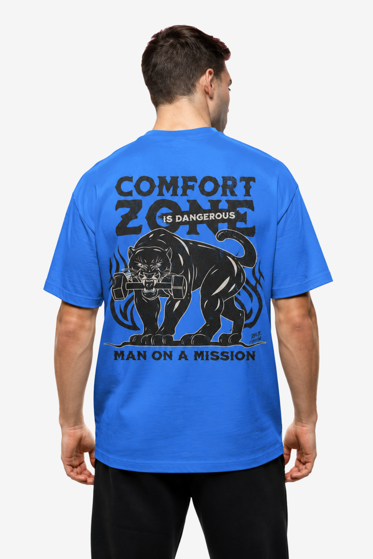 SkyBlue T-shirt with black panther dumbbell artwork and Comfort Zone is Dangerous quote