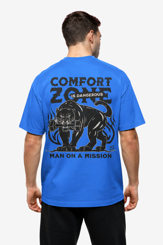 SkyBlue T-shirt with black panther dumbbell artwork and Comfort Zone is Dangerous quote