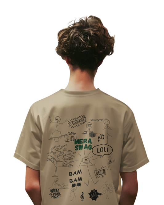 Person wearing a beige brown shade cotton t-shirt in regular and relaxed fit with quirky doodles and “MERA SWAG” printed on the back and front.