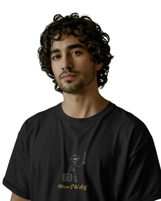 Man wearing a black cotton t-shirt with doodle-style design and phrases like “MERA SWAG,” “LOL!,” “CHOOSE?,” and “BAM BAM” printed on the back and front.