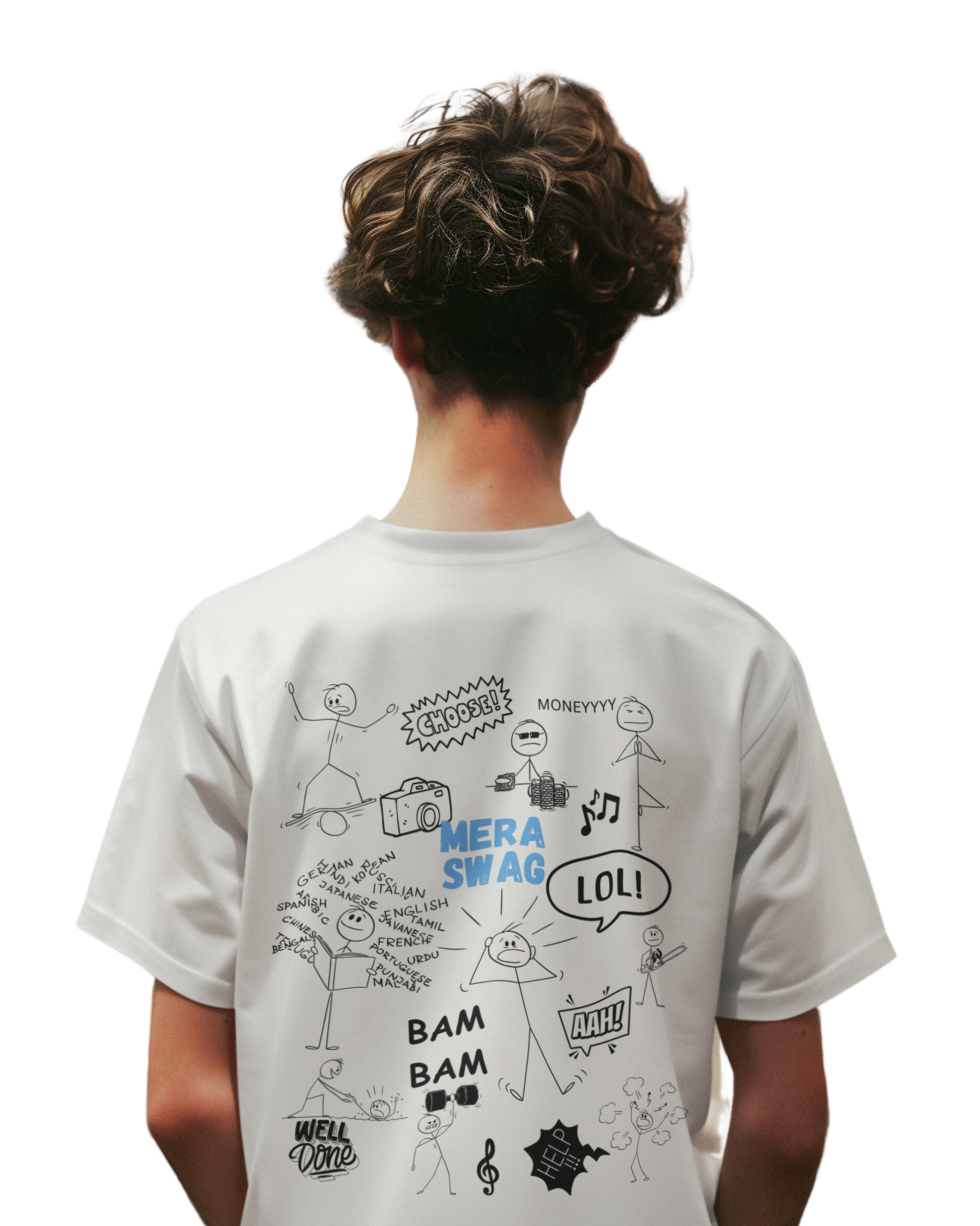 Man wearing an off-white t-shirt with comic-style doodles and quotes like “MERA SWAG,” “LOL,” and “BAM BAM” printed on the back and front  in black and blue.