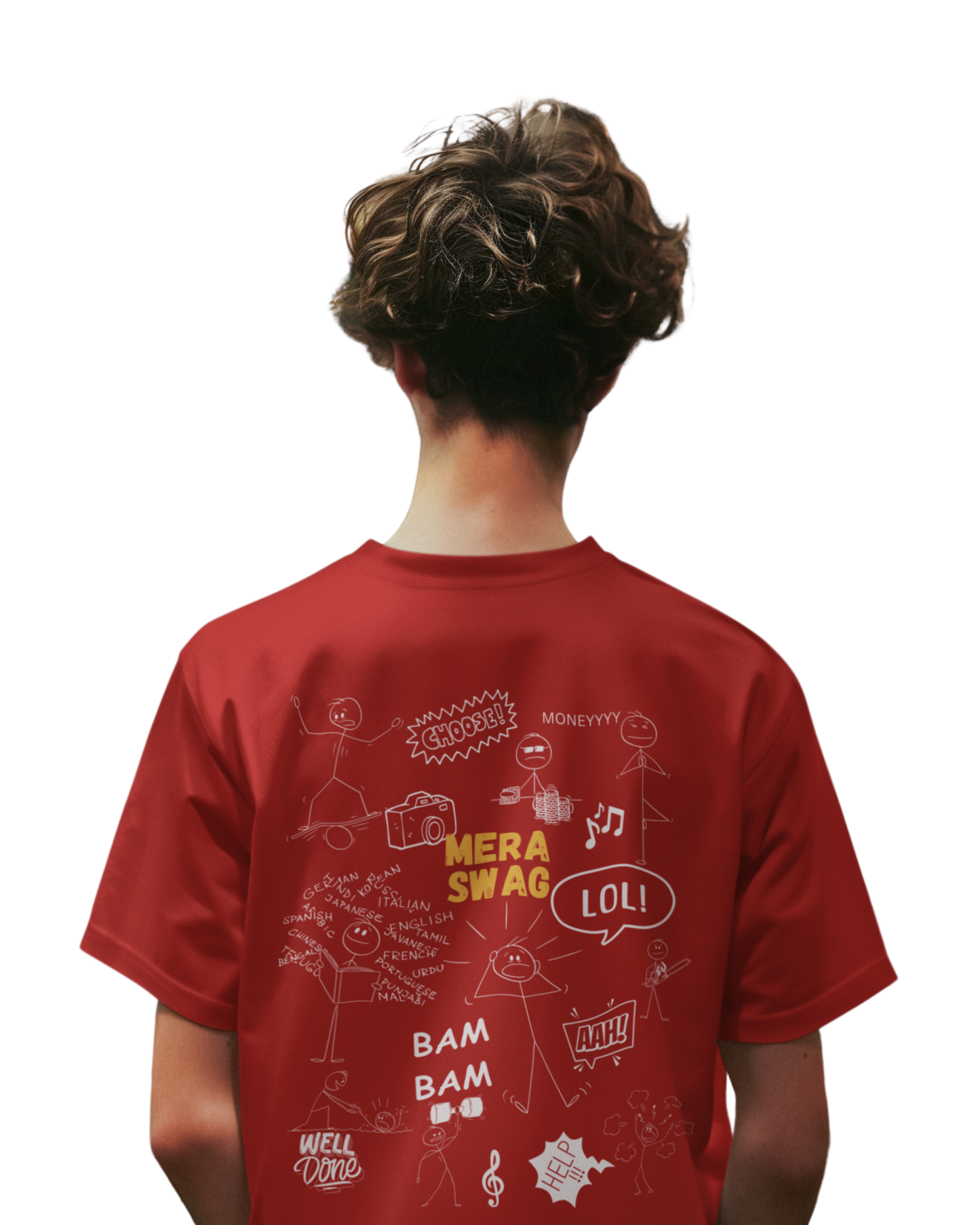 Man wearing a red cotton t-shirt with quirky stick figure doodles, icons, and the quote “MERA SWAG” printed in the center. Graphic design on the back and front.