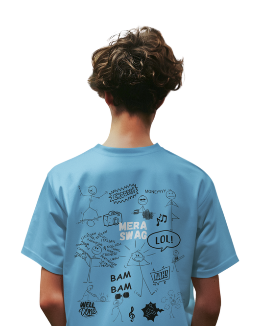 Man wearing a sky blue cotton t-shirt with fun doodles, stick figures, and quotes like “Mera Swag,” “LOL,” and “Bam Bam” printed on the back and front.