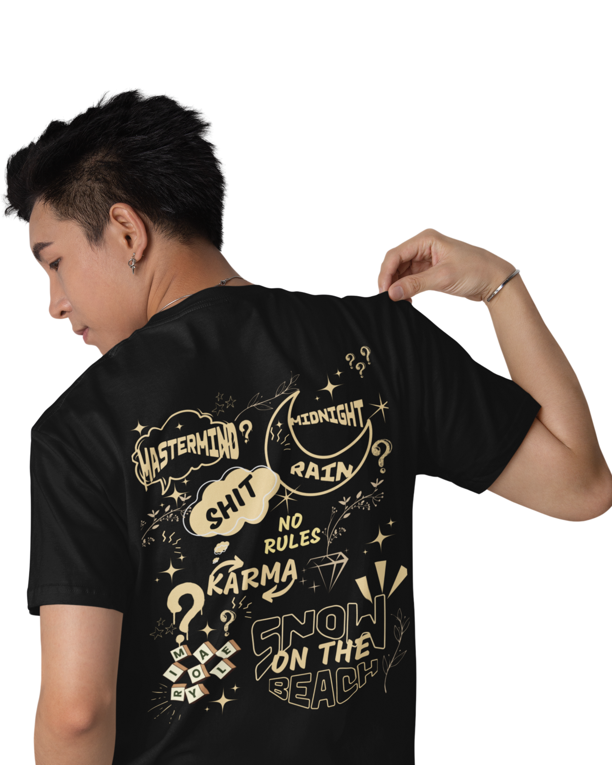 Man wearing a black cotton t-shirt with quirky graphic quotes like “Midnight Rain,” “Karma,” and “Snow on the Beach” printed in cream on the back and front.