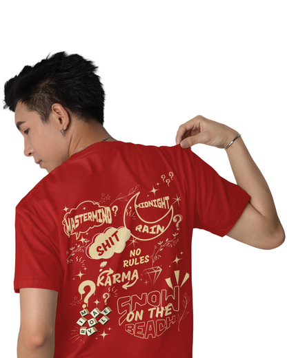 Man  wearing a red cotton t-shirt with quirky quotes and designs like “Midnight Rain,” “Karma,” “Snow on the Beach,” and “No Rules” printed on the back and front.