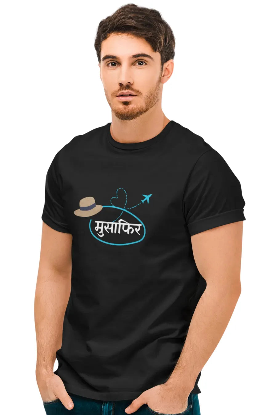 Man wearing a black T-shirt with 'Musafir' written in Hindi, airplane trail, and hat graphic