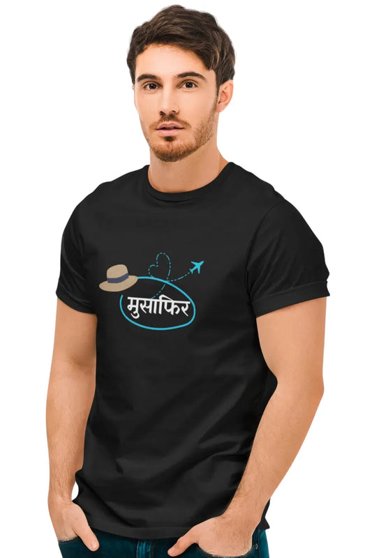 Man wearing a black T-shirt with 'Musafir' written in Hindi, airplane trail, and hat graphic