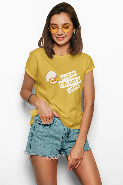 "Funny Duck Off Slipper T-Shirt – Cute Angry Duck Graphic Tee" | Women’s T-shirt for Animal Lovers