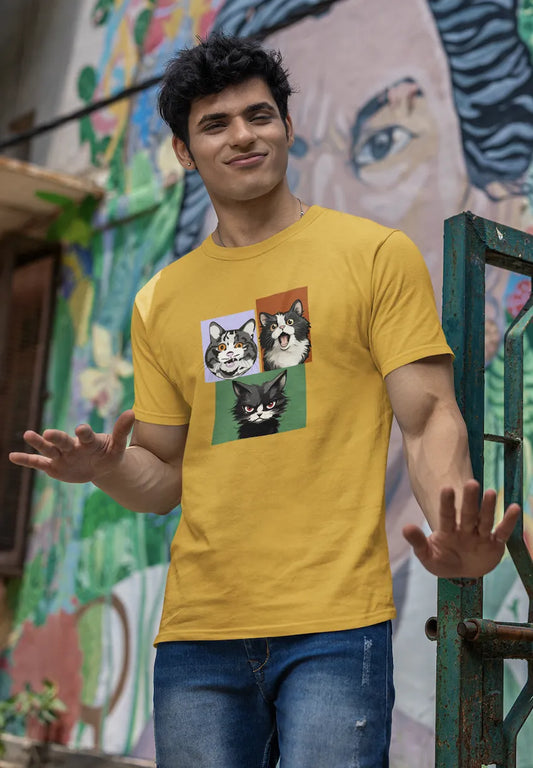 "Funny Cat Faces T-Shirt – Grumpy, Happy & Surprised Cats Graphic Tee" | Men’s T-shirt for Animal Lovers