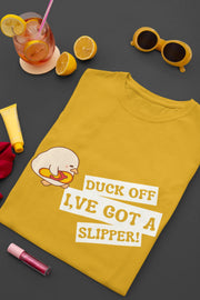 "Funny Duck Off Slipper T-Shirt – Cute Angry Duck Graphic Tee" | Men’s T-shirt for Animal Lovers