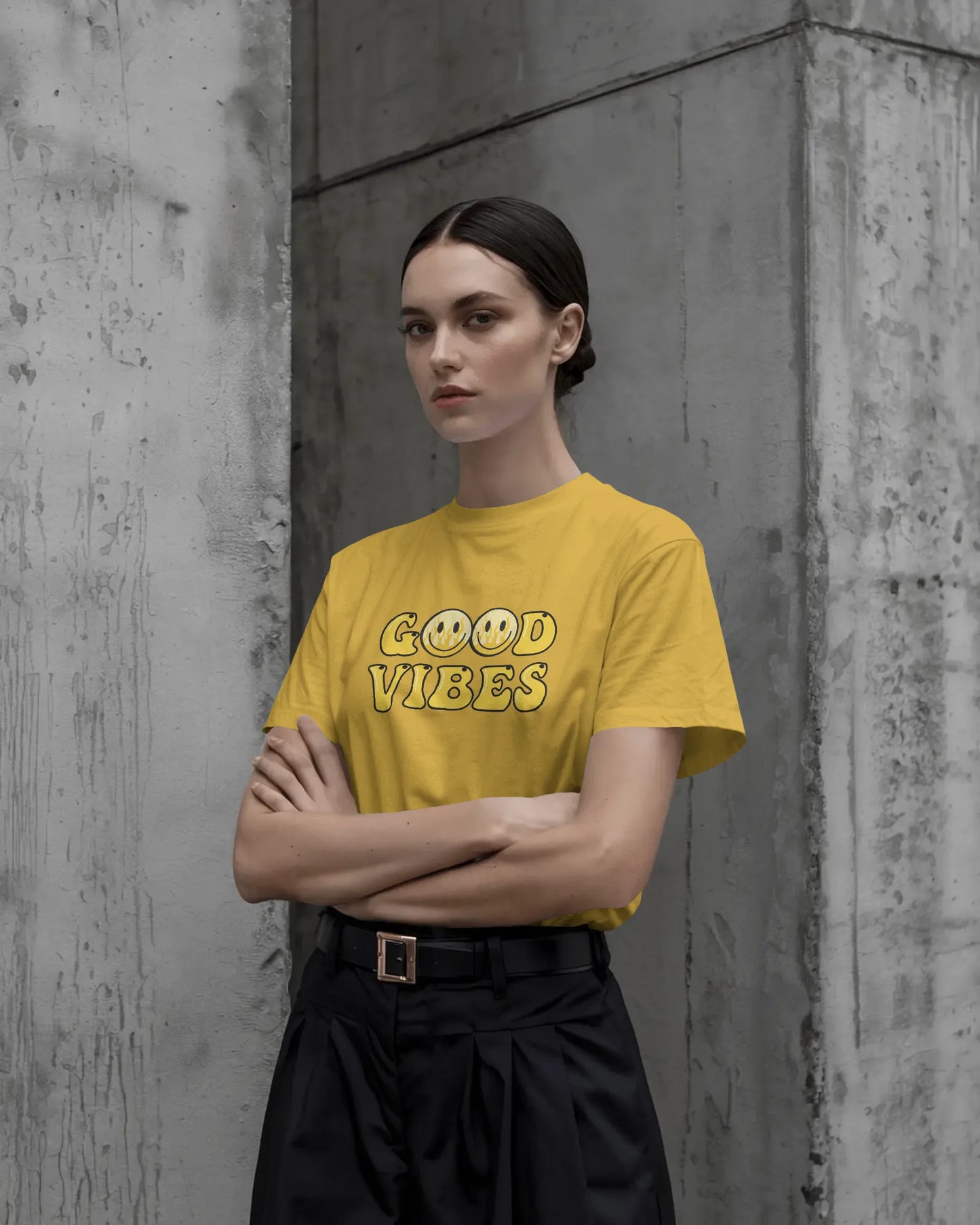 Good Vibes Flame Smiley – Yellow Cartoon Tee for Women