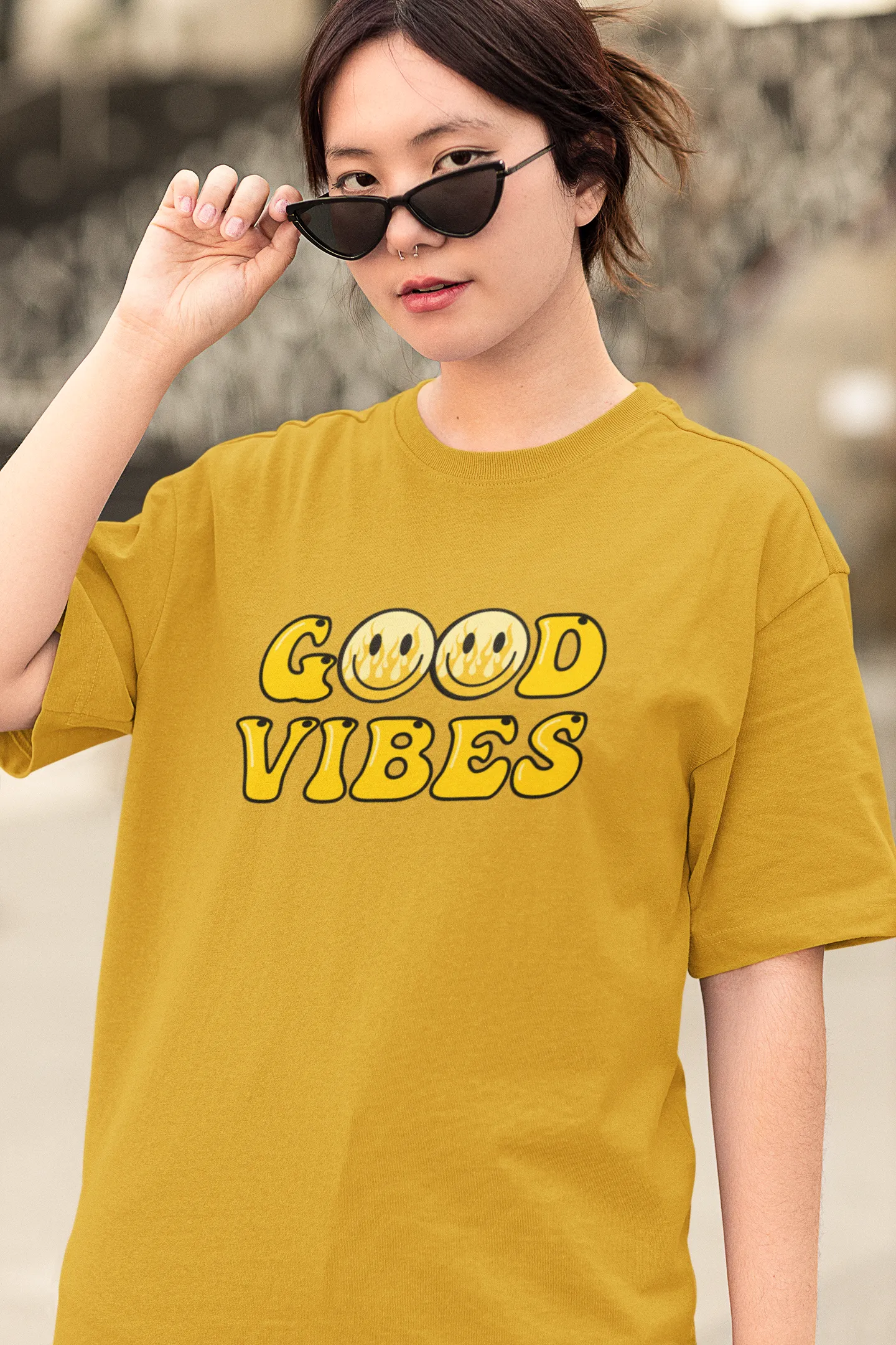 Good Vibes Flame Smiley – Yellow Cartoon Tee for Women
