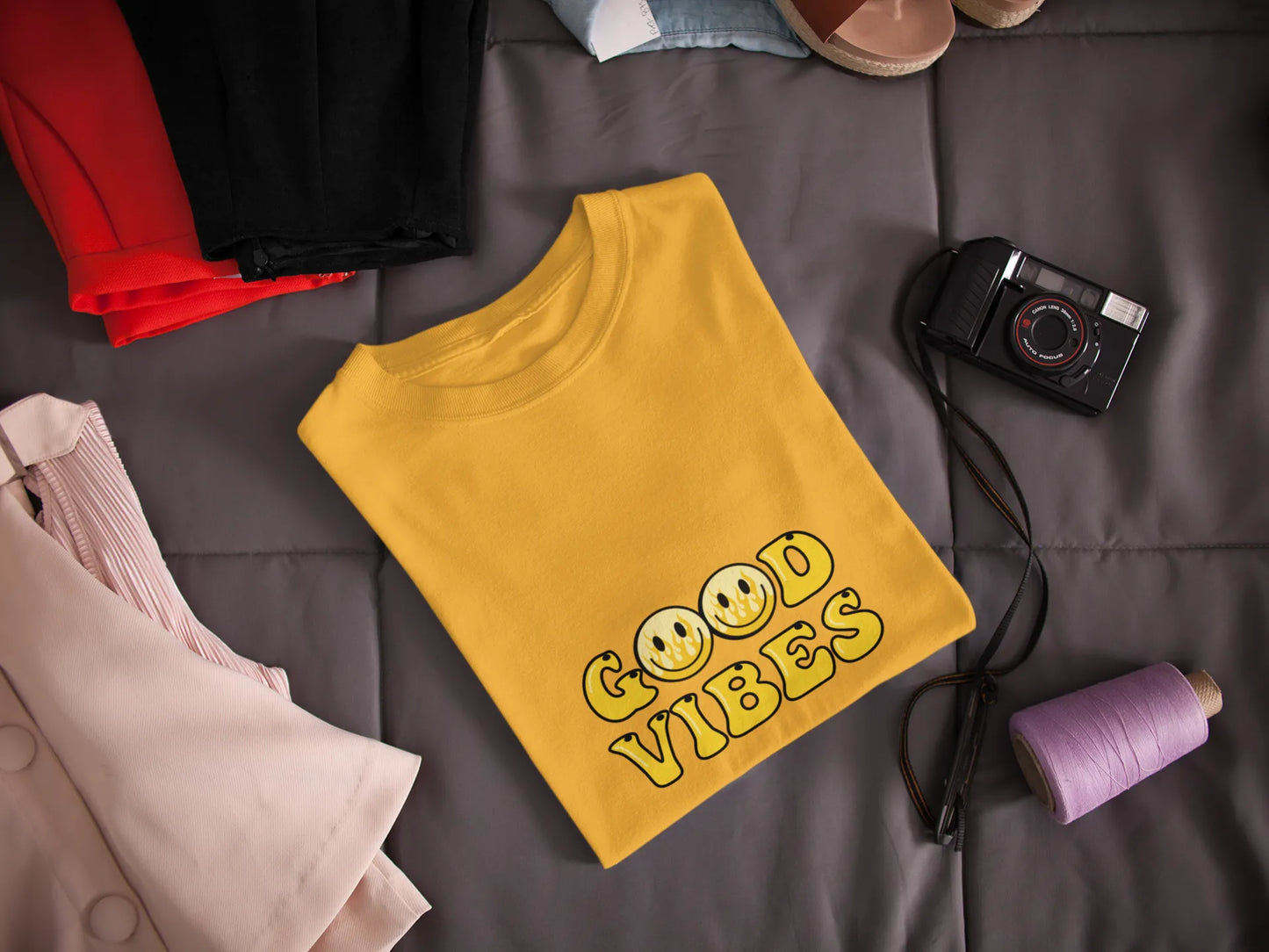 Good Vibes Flame Smiley – Yellow Cartoon Tee for Women