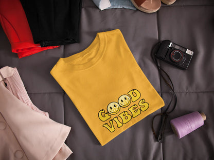 Good Vibes Flame Smiley – Yellow Cartoon Tee for Women