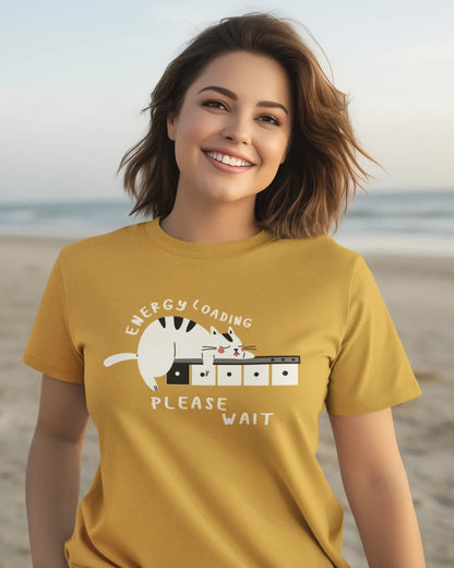 "Low Battery Mode Activated – Cute Lazy Cat Graphic Tee" | Women’s T-shirt for Animal Lovers