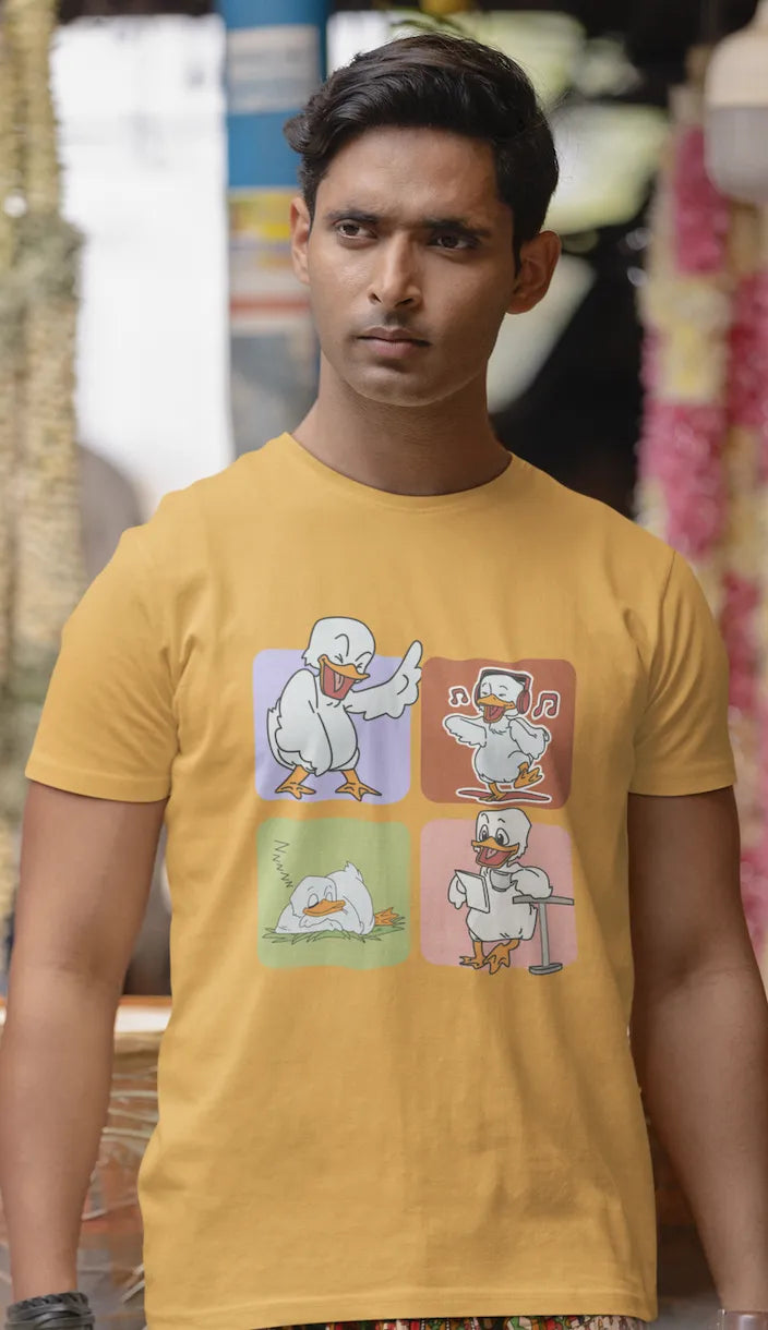 "Mood Swing Duck Graphic T-Shirt – Funny Cartoon Vibes Tee | Chill, Dance, Sleep & Read" | Men’s T-shirt for Cartoon Lovers