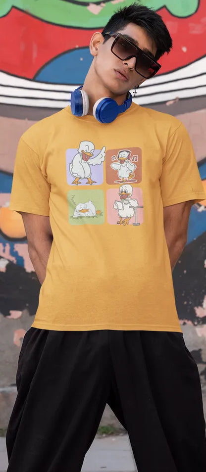 "Mood Swing Duck Graphic T-Shirt – Funny Cartoon Vibes Tee | Chill, Dance, Sleep & Read" | Men’s T-shirt for Cartoon Lovers