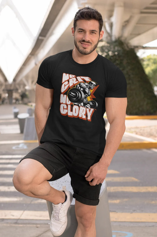 Man wearing black cotton t-shirt with bold “No Grit No Glory” quote and muscular weightlifter illustration printed on the front.