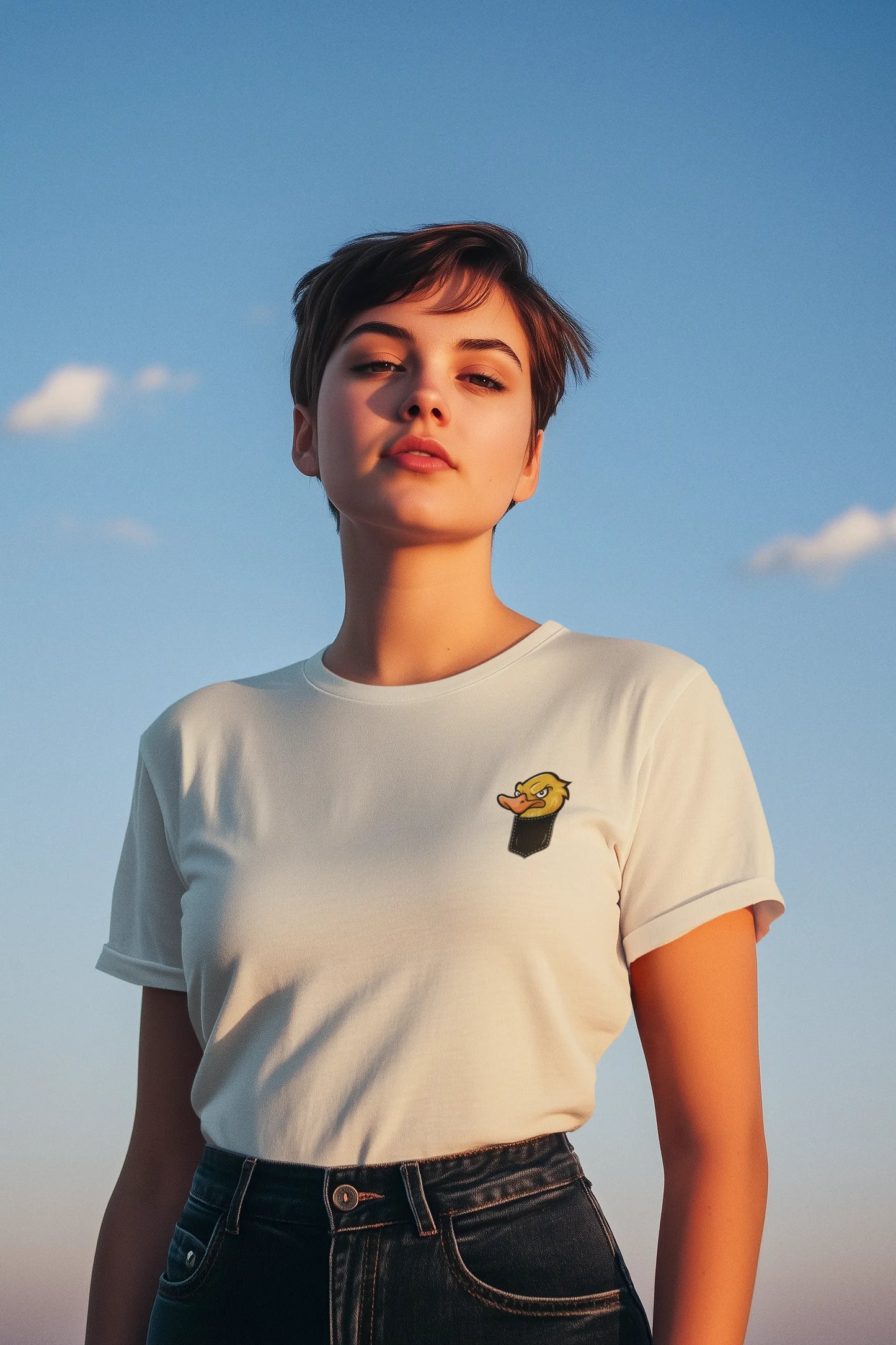 Angry Duck in Pocket Graphic T-Shirt – Cartoon Tee for Women