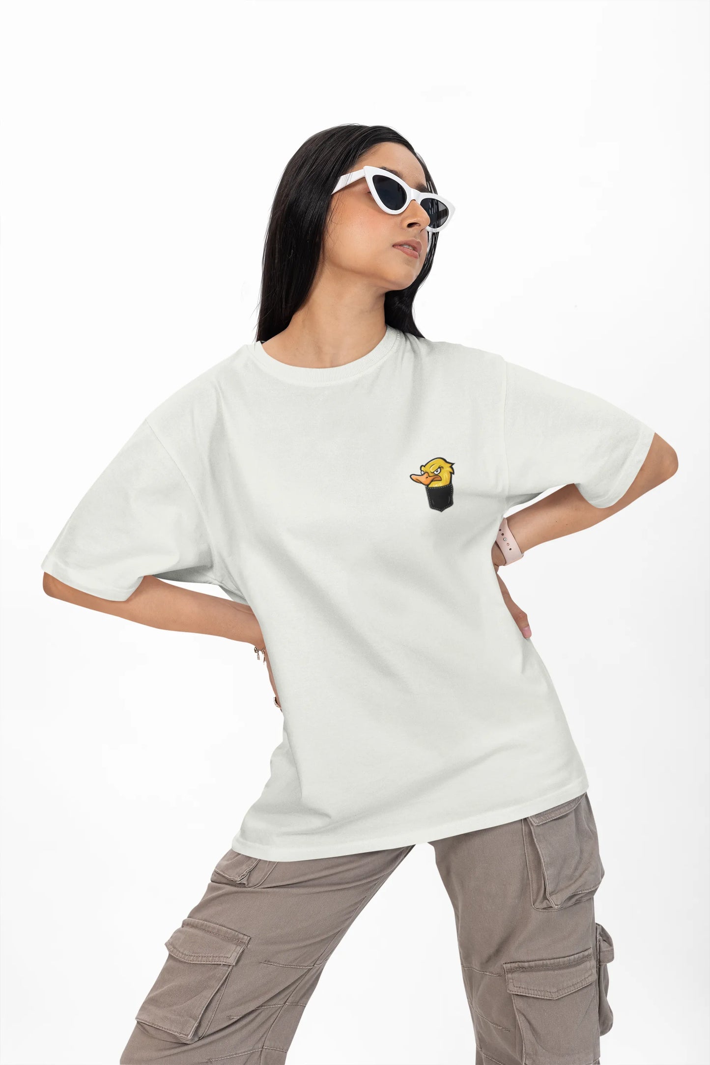 Angry Duck in Pocket Graphic T-Shirt – Cartoon Tee for Women