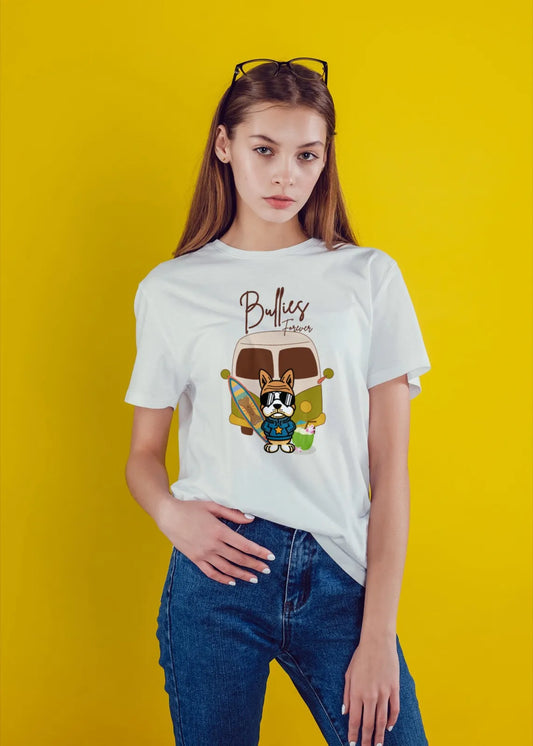 "Bullies Forever Surf Van T-Shirt – Cool French Bulldog Tee " | Women’s T-shirt for Animal Lovers