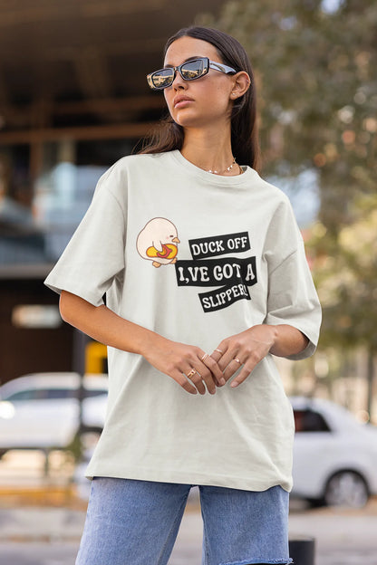 "Funny Duck Off Slipper T-Shirt – Cute Angry Duck Graphic Tee" | Women’s T-shirt for Animal Lovers