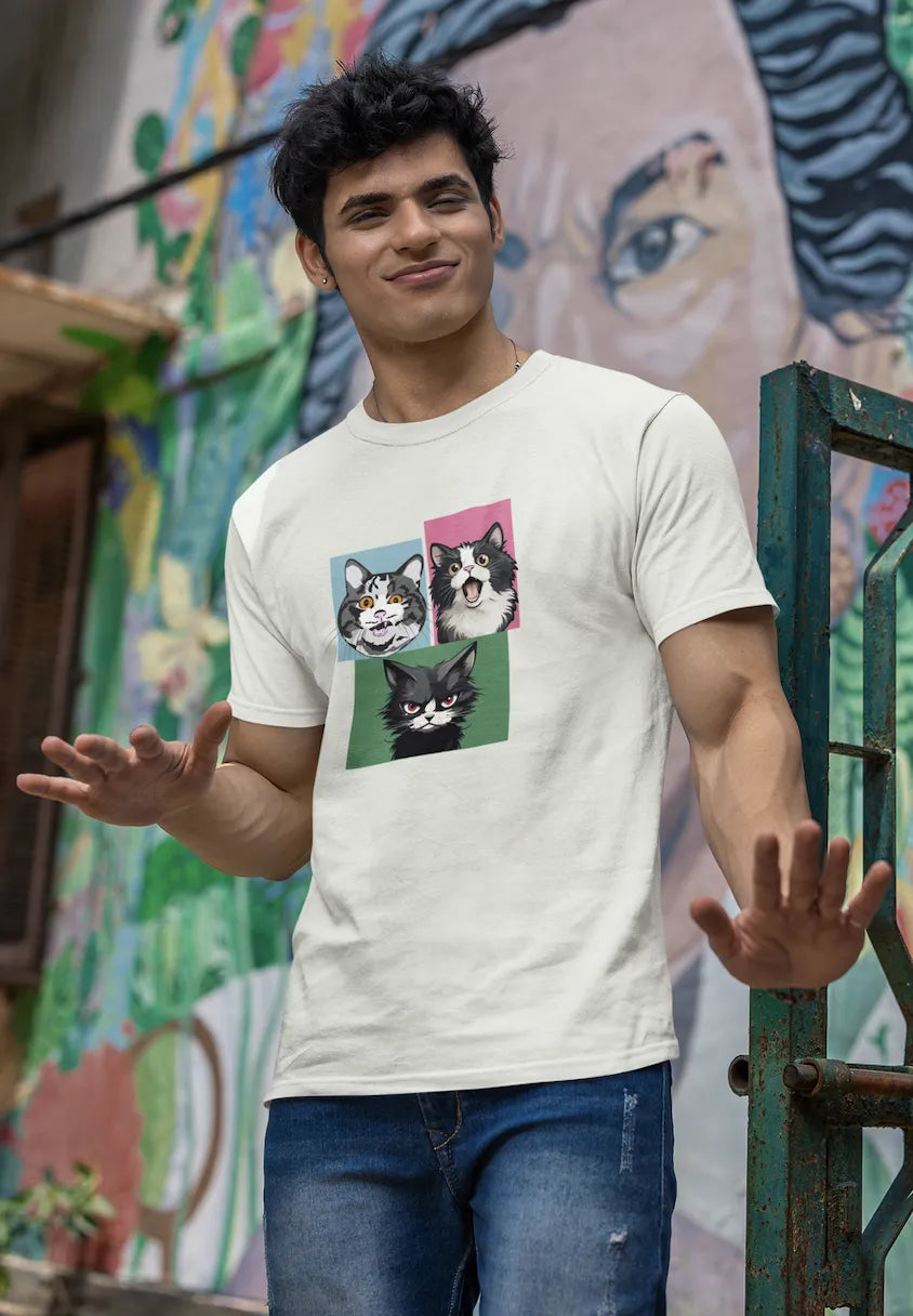 Grumpy, Happy & Surprised Cats Faces Graphic Tee for Men