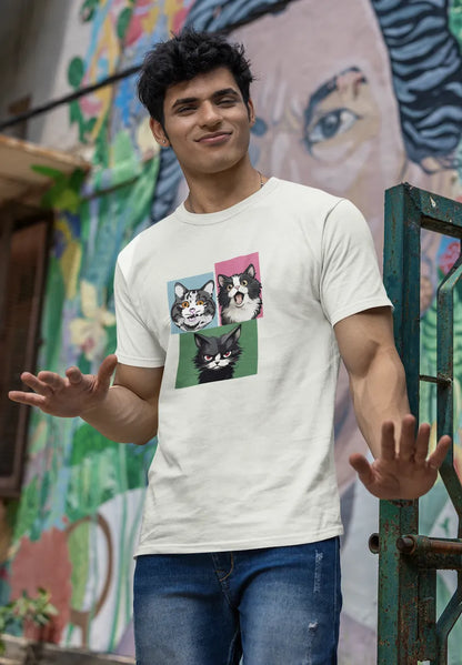 Grumpy, Happy & Surprised Cats Faces Graphic Tee for Men