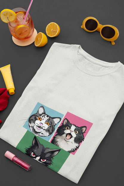 Grumpy, Happy & Surprised Cats Faces Graphic Tee for Women