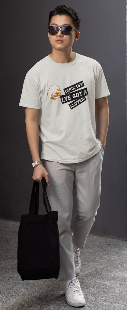 "Funny Duck Off Slipper T-Shirt – Cute Angry Duck Graphic Tee" | Men’s T-shirt for Animal Lovers