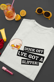 "Funny Duck Off Slipper T-Shirt – Cute Angry Duck Graphic Tee" | Men’s T-shirt for Animal Lovers