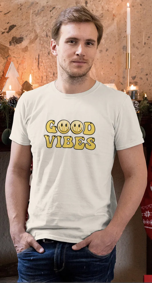 "Good Vibes Flame Smiley T-Shirt – Bold Yellow Cartoon Tee for Positive Energy" | Men’s T-shirt for Cartoon Lovers