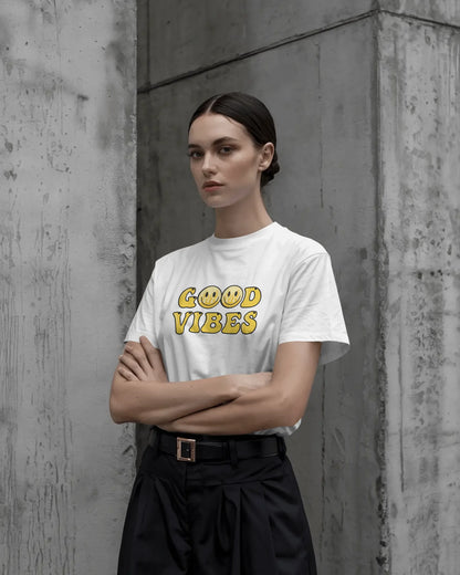 Good Vibes Flame Smiley – Yellow Cartoon Tee for Women