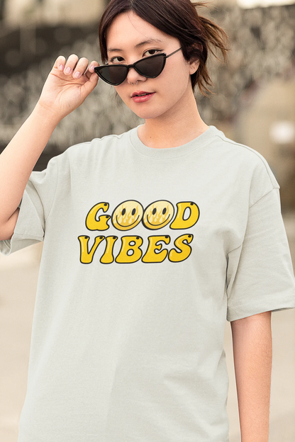 Good Vibes Flame Smiley – Yellow Cartoon Tee for Women