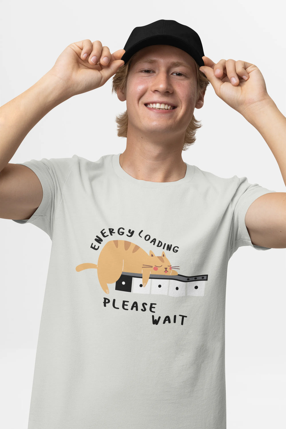 "Low Battery Mode Activated – Cute Lazy Cat Graphic Tee" | Men’s T-shirt for Animal Lovers