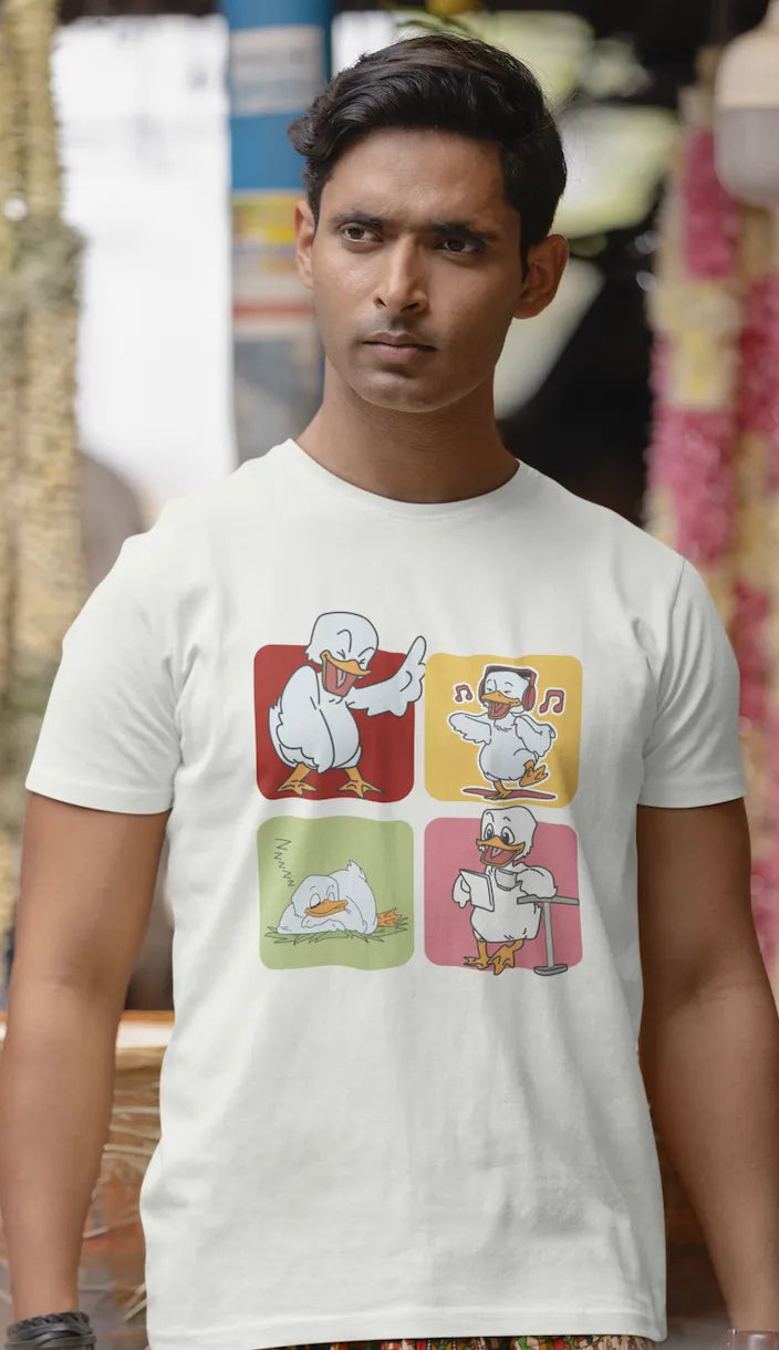 "Mood Swing Duck Graphic T-Shirt – Funny Cartoon Vibes Tee | Chill, Dance, Sleep & Read" | Men’s T-shirt for Cartoon Lovers