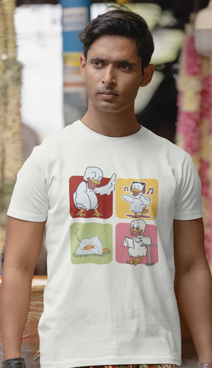 "Mood Swing Duck Graphic T-Shirt – Funny Cartoon Vibes Tee | Chill, Dance, Sleep & Read" | Men’s T-shirt for Cartoon Lovers