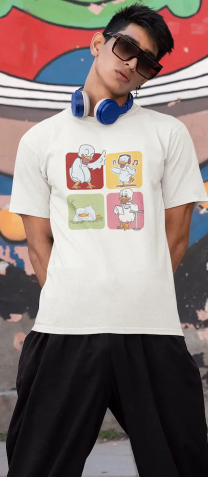 "Mood Swing Duck Graphic T-Shirt – Funny Cartoon Vibes Tee | Chill, Dance, Sleep & Read" | Men’s T-shirt for Cartoon Lovers