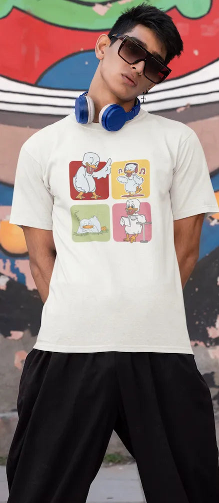 "Mood Swing Duck Graphic T-Shirt – Funny Cartoon Vibes Tee | Chill, Dance, Sleep & Read" | Men’s T-shirt for Cartoon Lovers