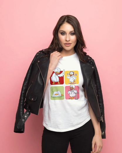 "Mood Swing Duck Graphic T-Shirt – Funny Cartoon Vibes Tee | Chill, Dance, Sleep & Read" | Women’s T-shirt for Cartoon Lovers