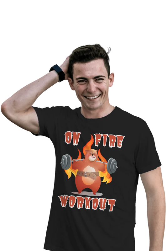 Man wearing a black cotton t-shirt with “On Fire Workout” quote and a flaming cartoon lifter design printed on the front.