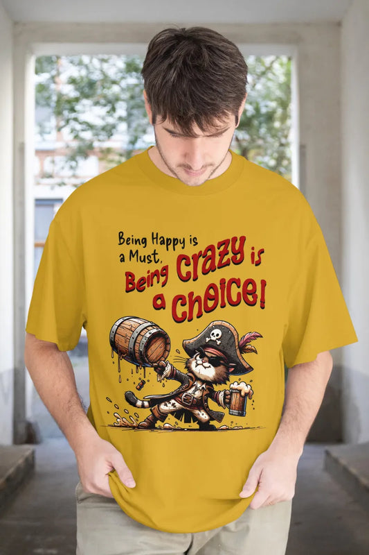 Man wearing mustard yellow t-shirt with pirate cat and humorous quote