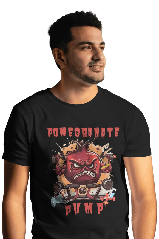 Man wearing a black t-shirt with a fierce cartoon pomegranate lifting dumbbells. The quote “Pomegranate Pump” is printed in bold red text.