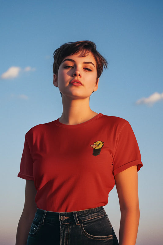 "Angry Duck in Pocket Graphic T-Shirt – Hilarious Cartoon Animal Tee" | Women’s T-shirt for Cartoon Lovers
